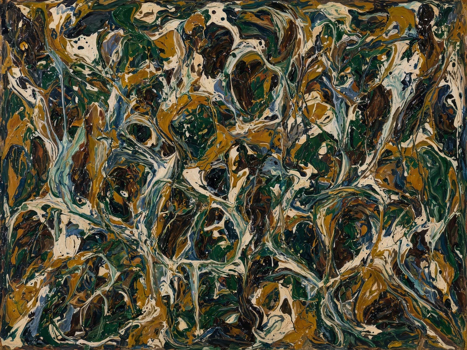 Green and ochre drip painting of a forest floor