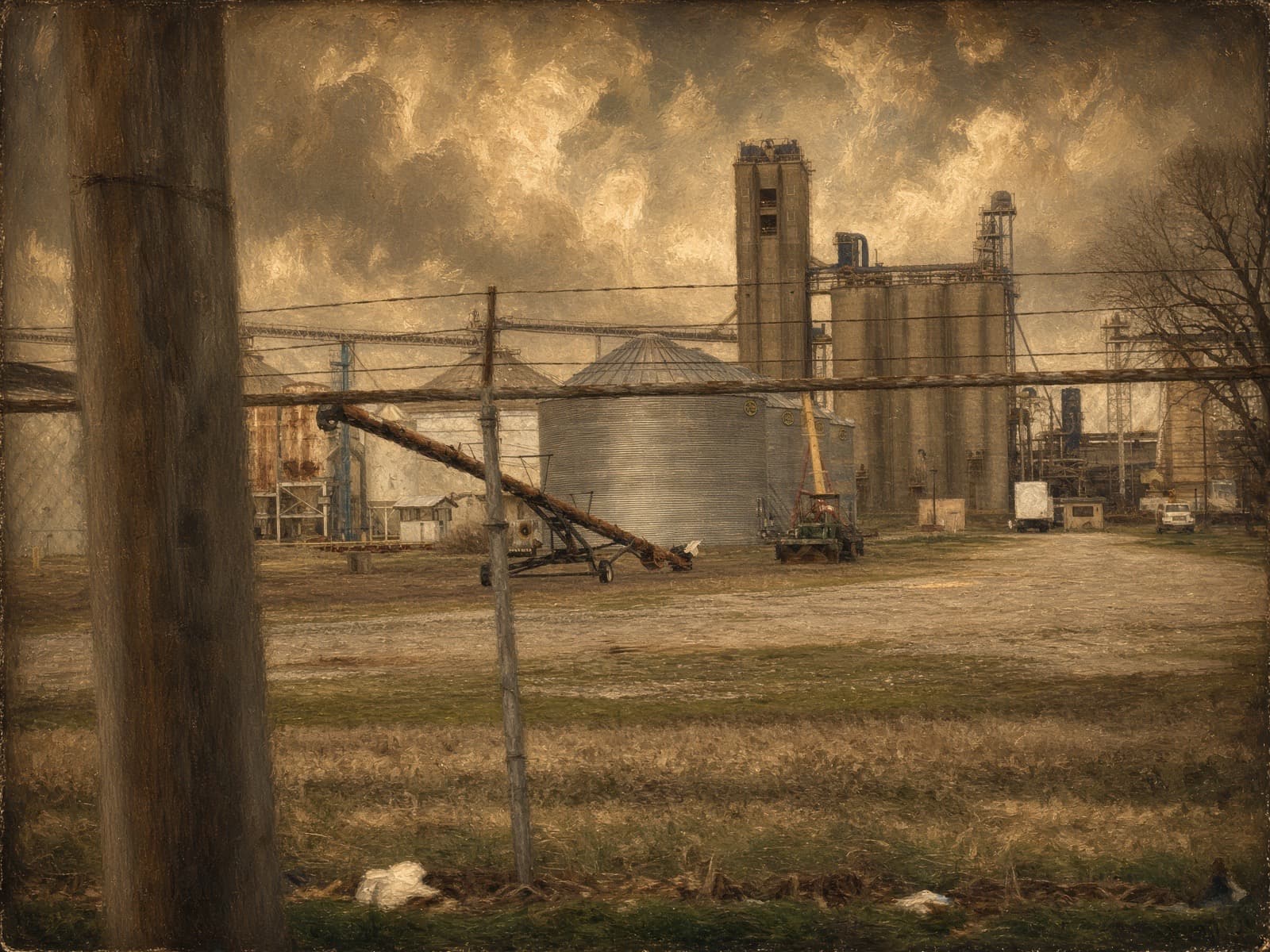 Sepia painterly grain elevator at harvest